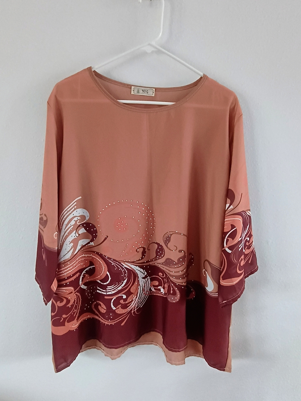MIG Boho Flowy Blouse Peach Terracotta Poncho Style Lightweight Top